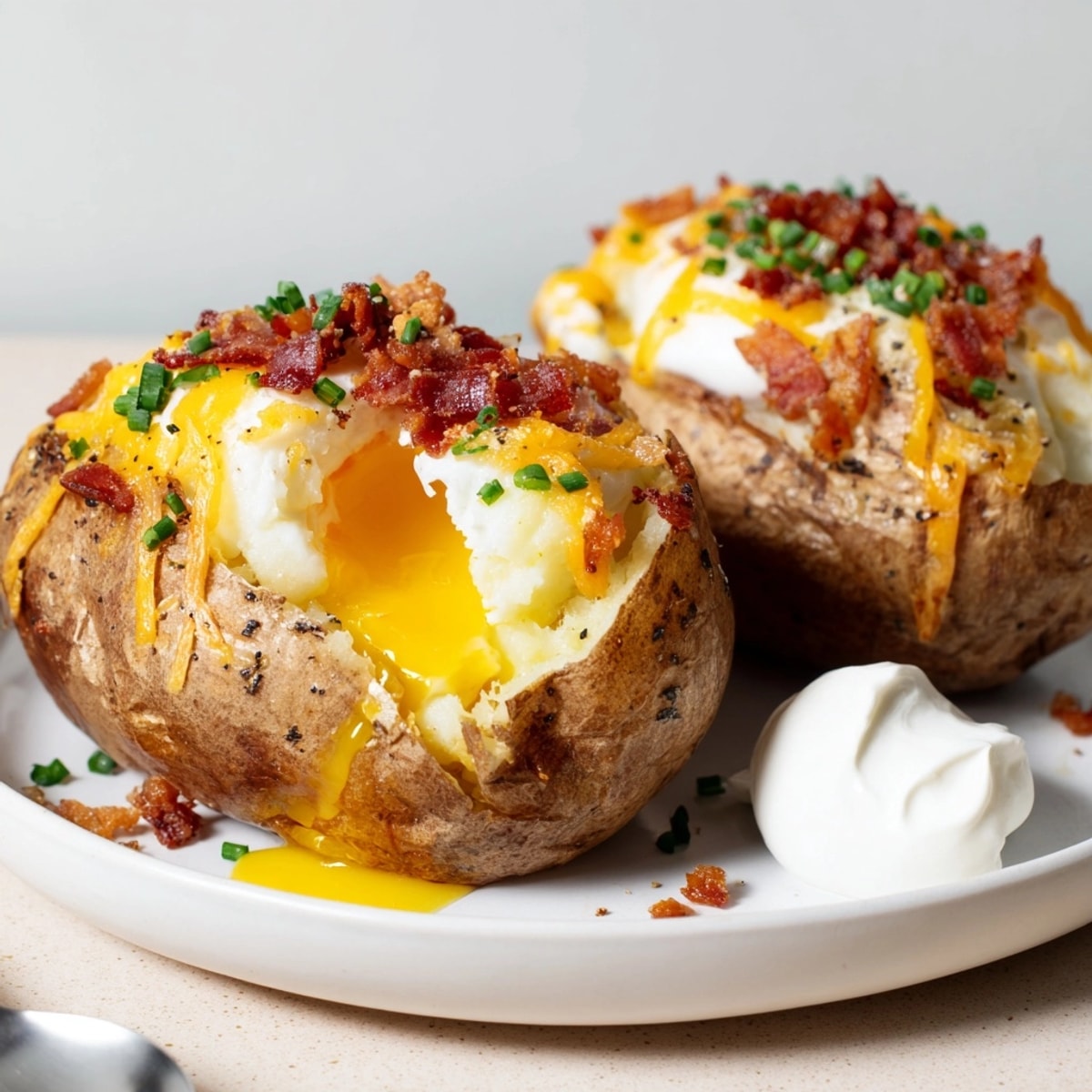 Golden Baked Potato with Egg, topped with melted cheddar and fresh chives.