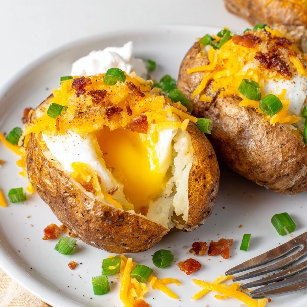Warm, comforting Baked Potato with Egg: A fork pierces a creamy yolk center.