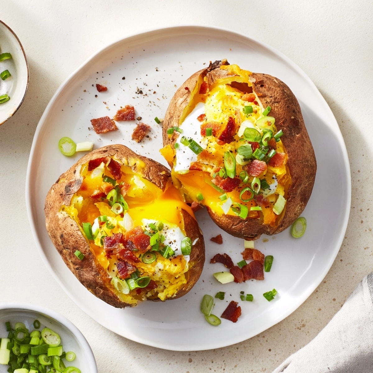 Savory Baked Potato with Egg recipe, bubbly cheese and steaming potato aroma.
