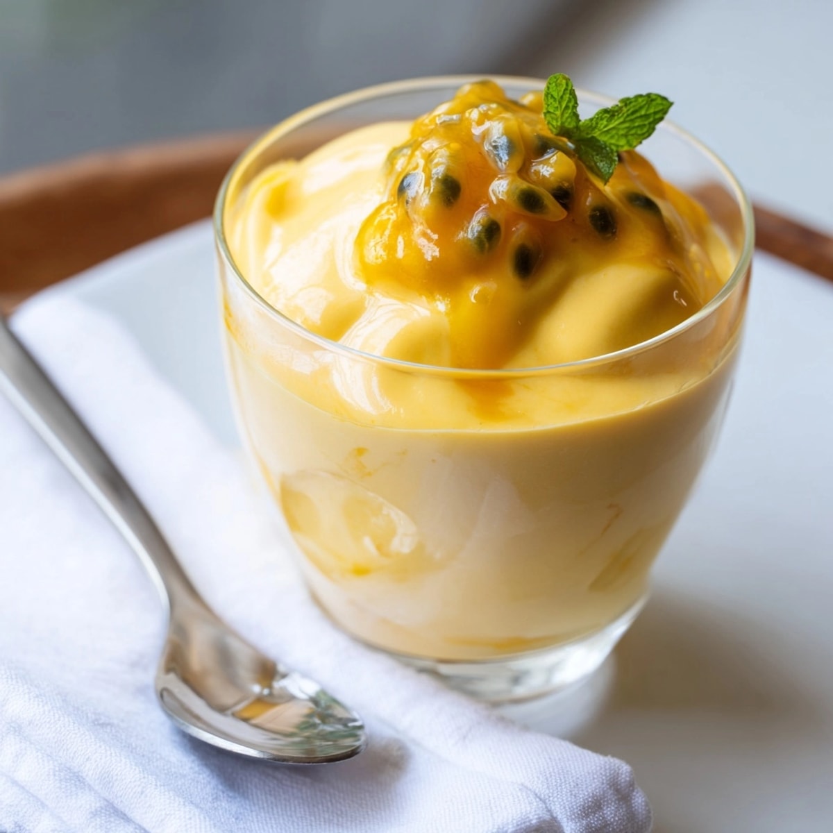 Creamy Passion Fruit Mousse in glass bowls, jeweled with fresh pulp, ready to chill.