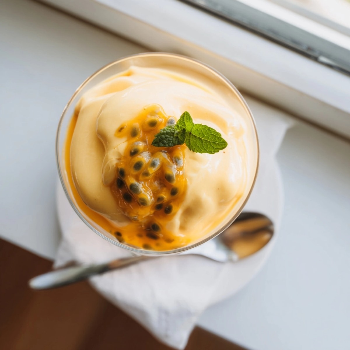 Close-up of fluffy Passion Fruit Mousse, garnished with mint showing its silky texture.