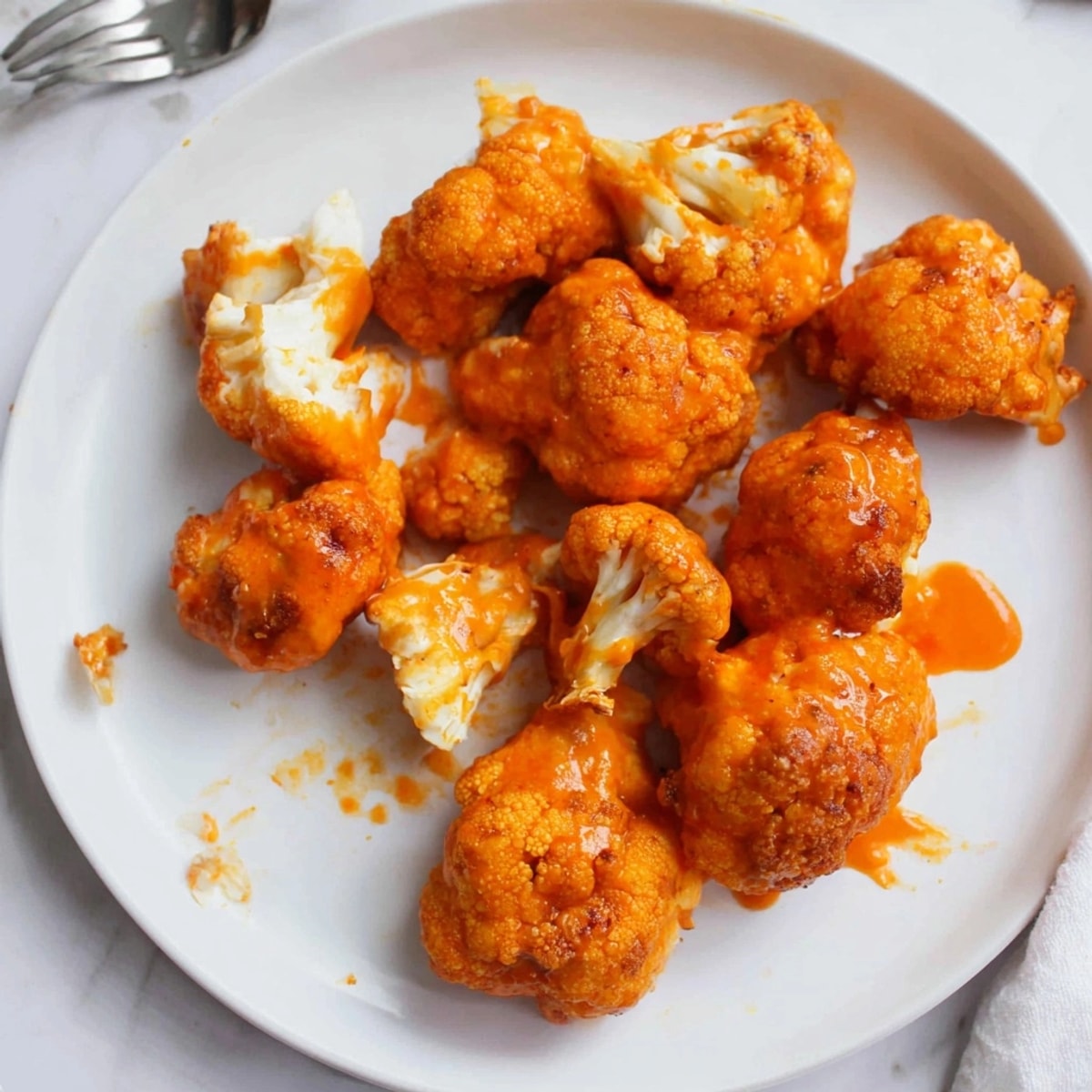 Crispy baked Vegan Buffalo Cauliflower Wings appetizer drizzled with cooling vegan ranch dressing.