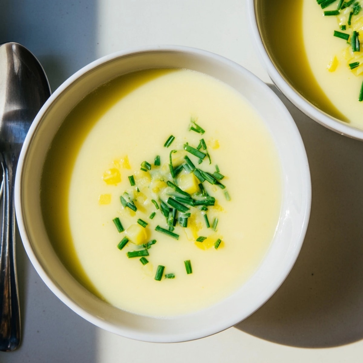 Silky, homemade Vichyssoise, a classic French chilled soup, ready to be enjoyed on a warm day.