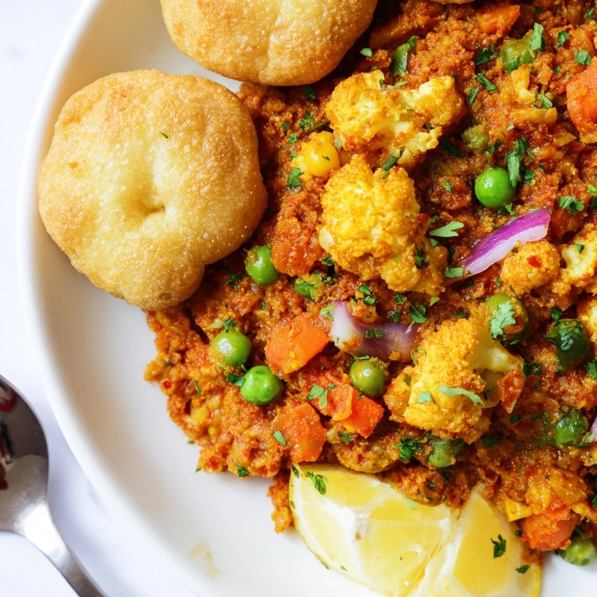 Close-up image of vibrant Pav Bhaji, a spicy Indian vegetable mash with buttered bread.