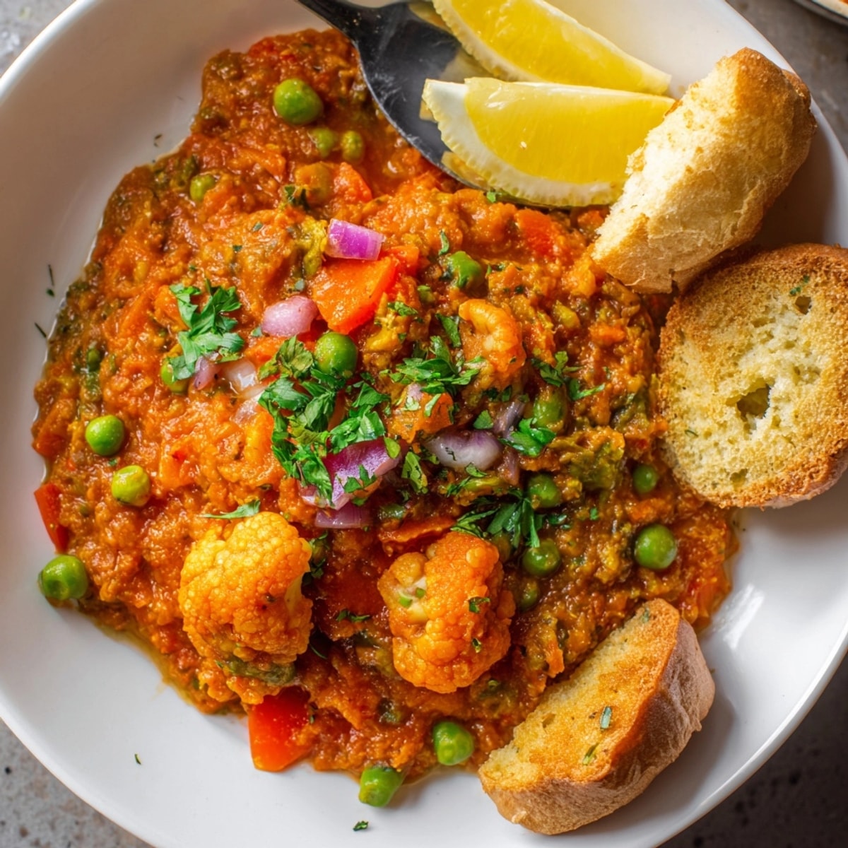Steaming Pav Bhaji on a plate with buttered rolls, lemon, and cilantro garnish.