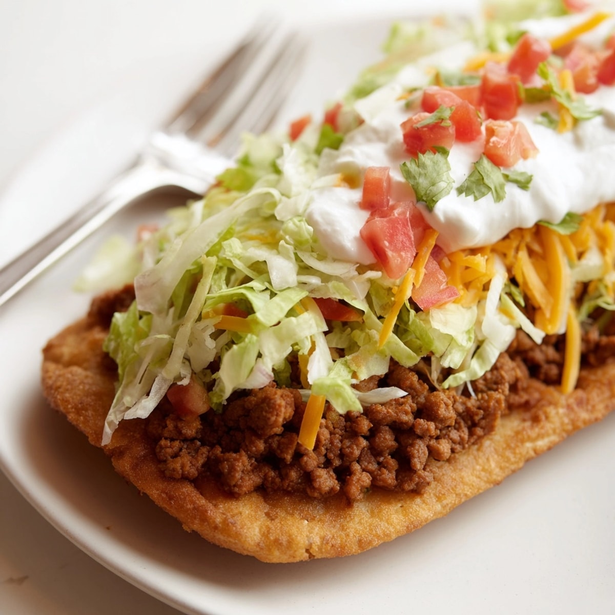 Top-down view of a crunchy Taco Bell Street Chalupa recipe, loaded with beef and toppings.