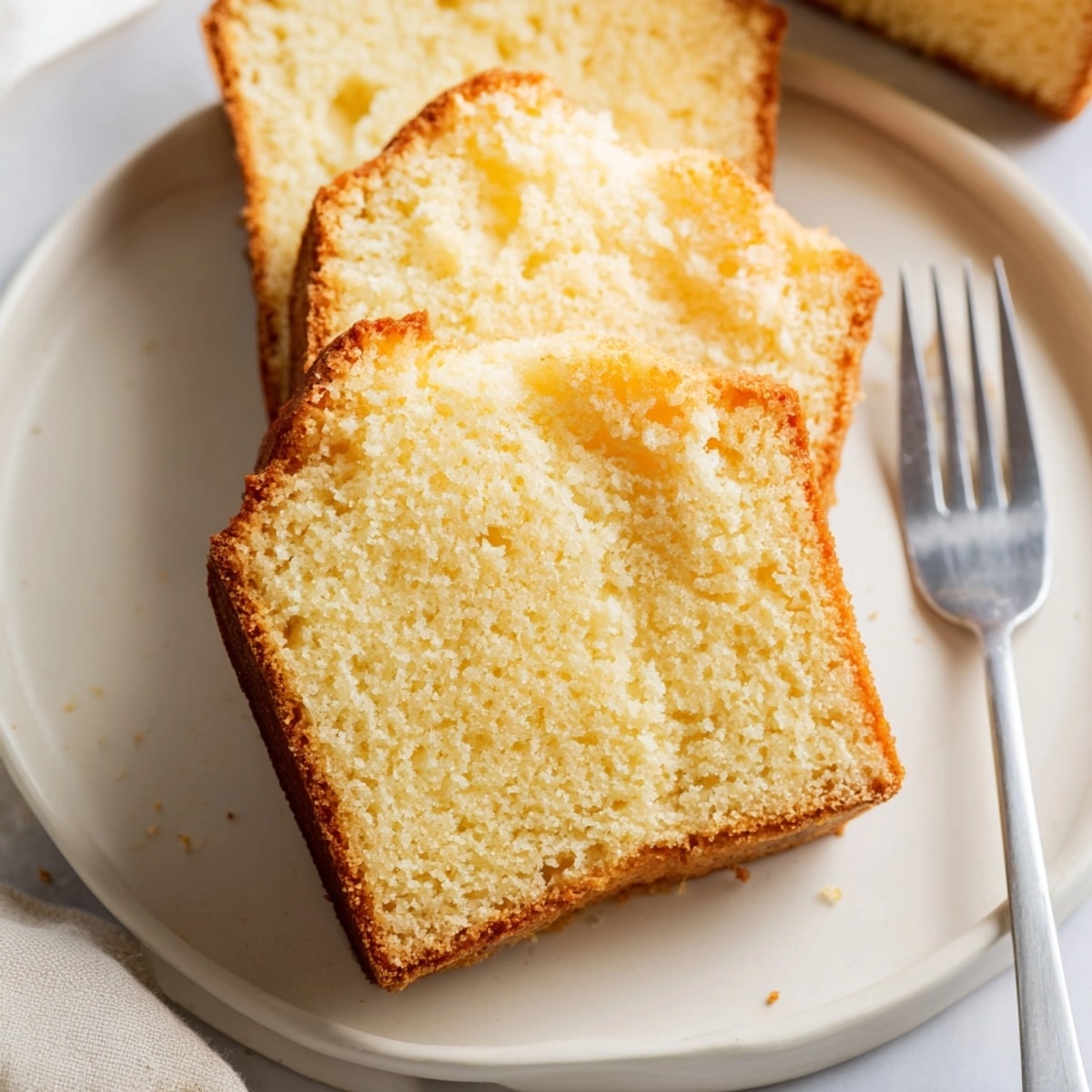 Golden French Vanilla Pound Cake slice showing a tender crumb, ready for tea.