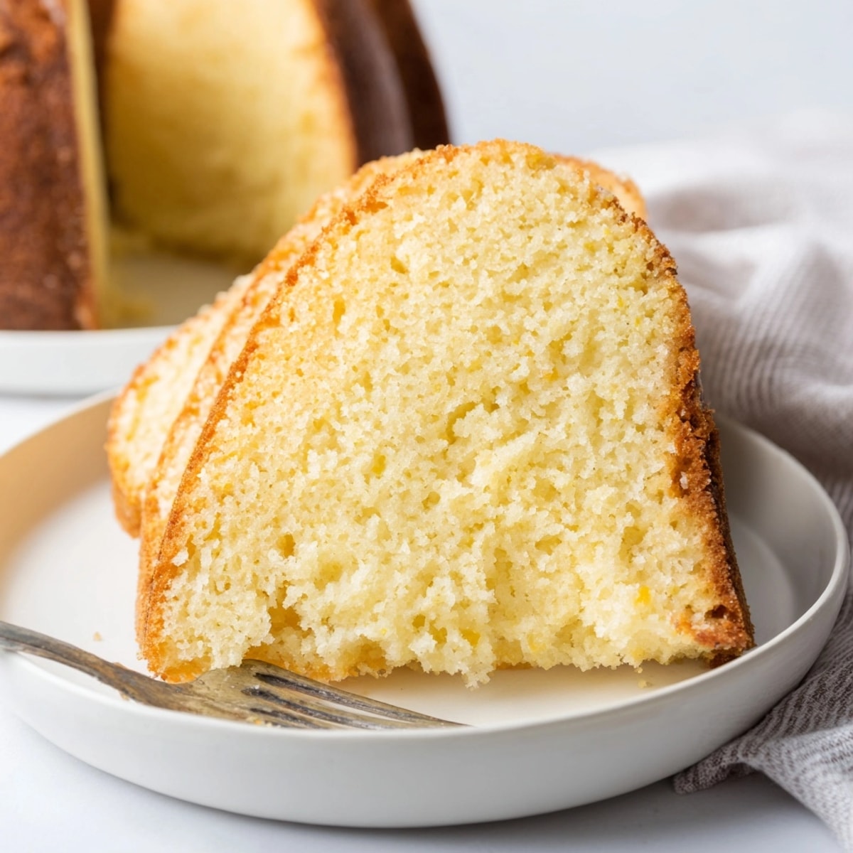 Elegant French Vanilla Pound Cake, glistening, moist texture—imagine its buttery, melt-in-your-mouth deliciousness.