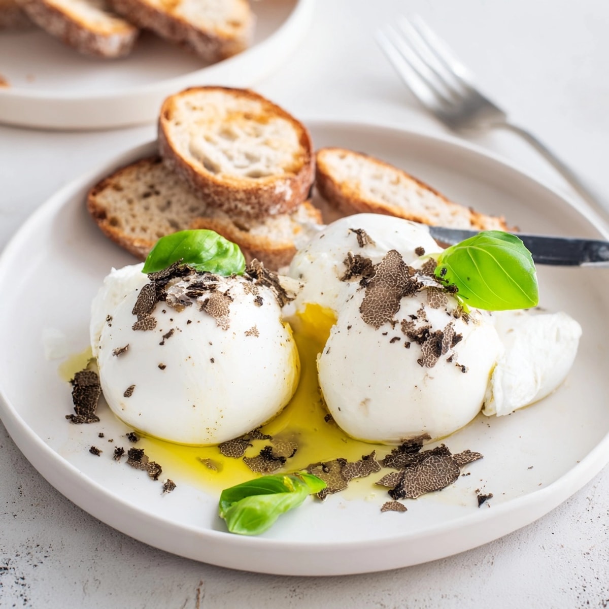 Close-up of Burrata with Truffle: a decadent appetizer, creamy cheese, and earthy truffle.