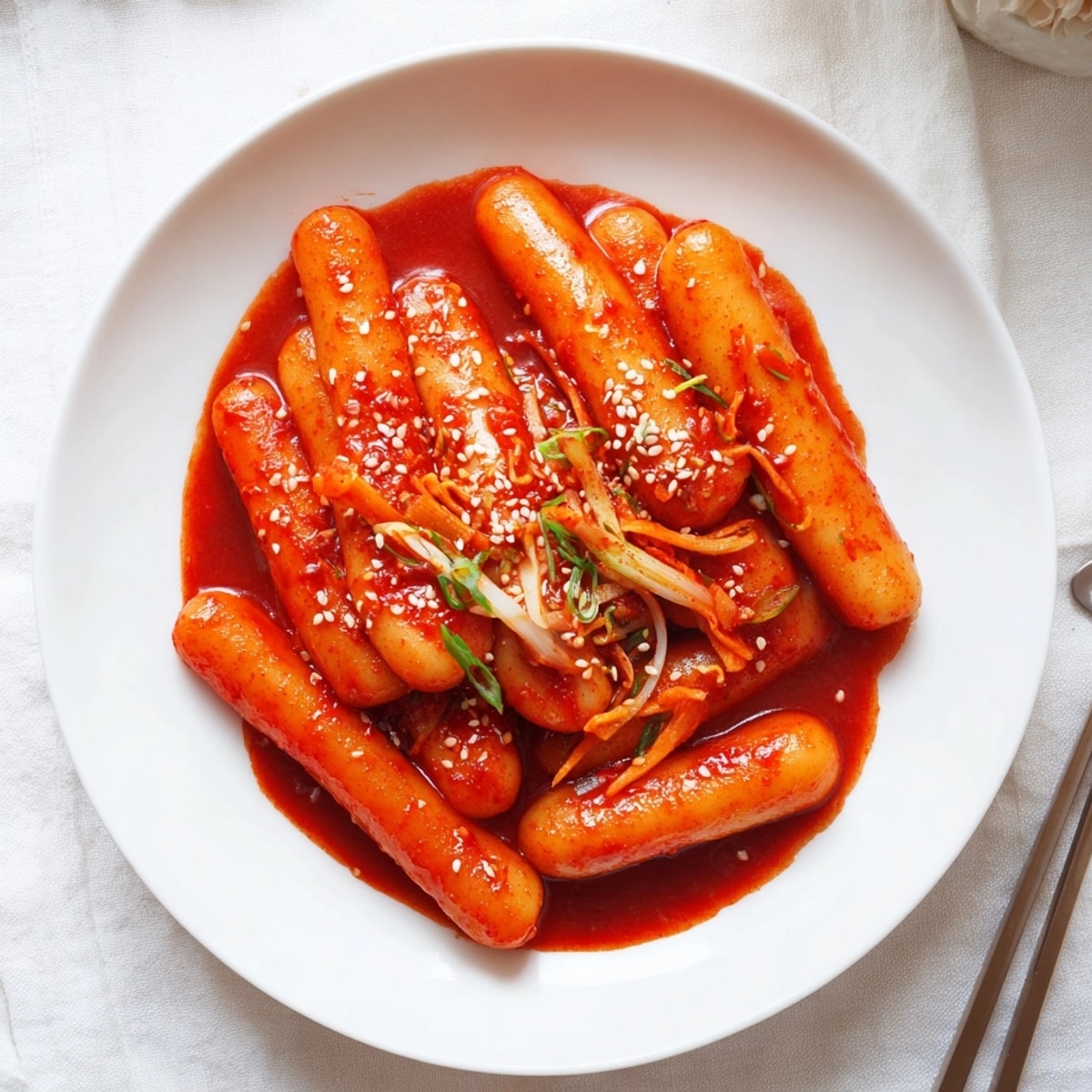 Close-up of fiery Spicy Korean Rice Cakes, Tteokbokki, glistening with a rich, spicy sauce.