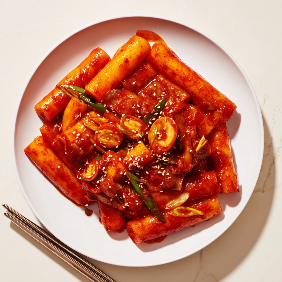 Steaming Spicy Korean Rice Cakes bowl; chewy tteokbokki, fish cakes, and fresh scallions.