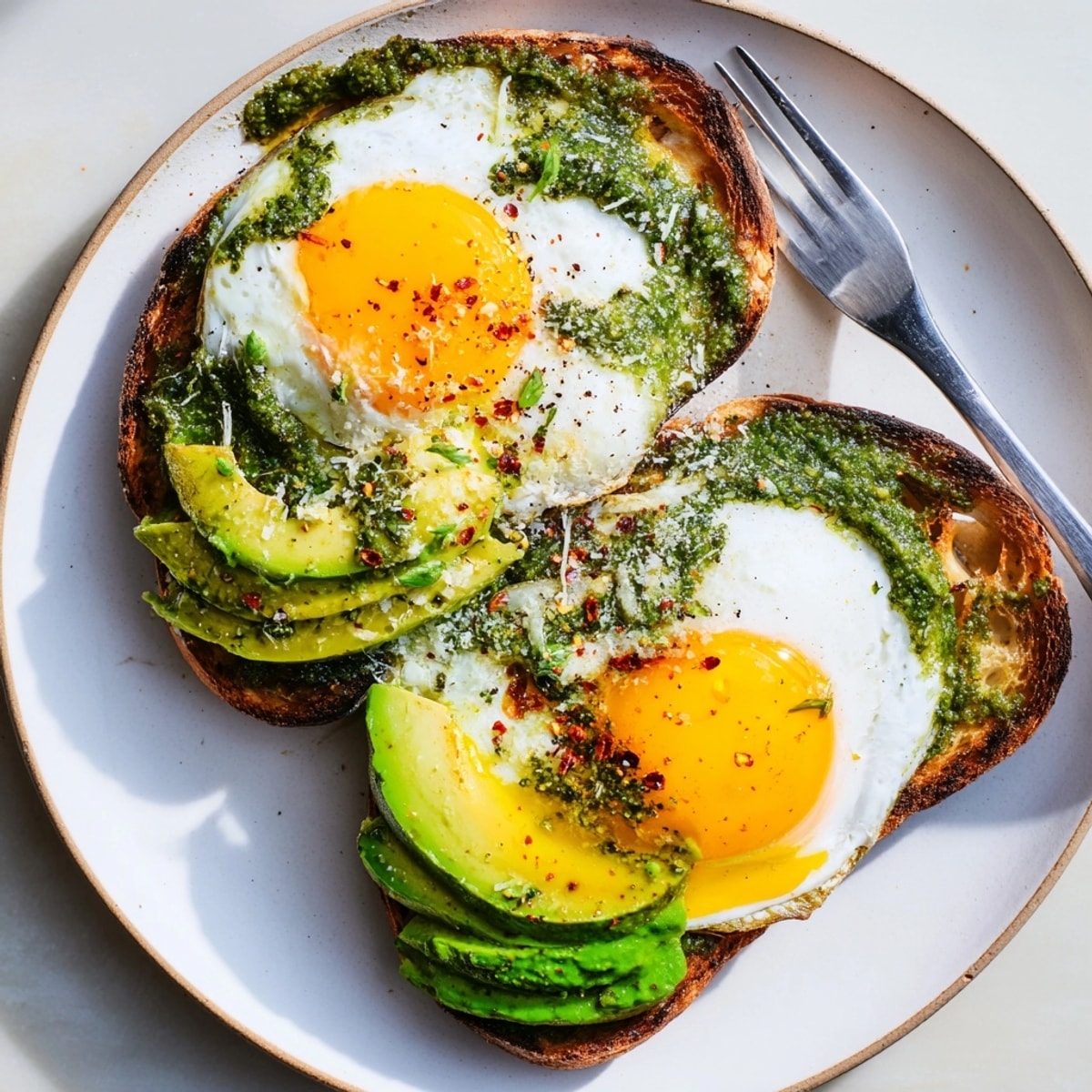 Pesto eggs recipe: Sunny-side up eggs sizzling in fragrant basil pesto, ready to serve.