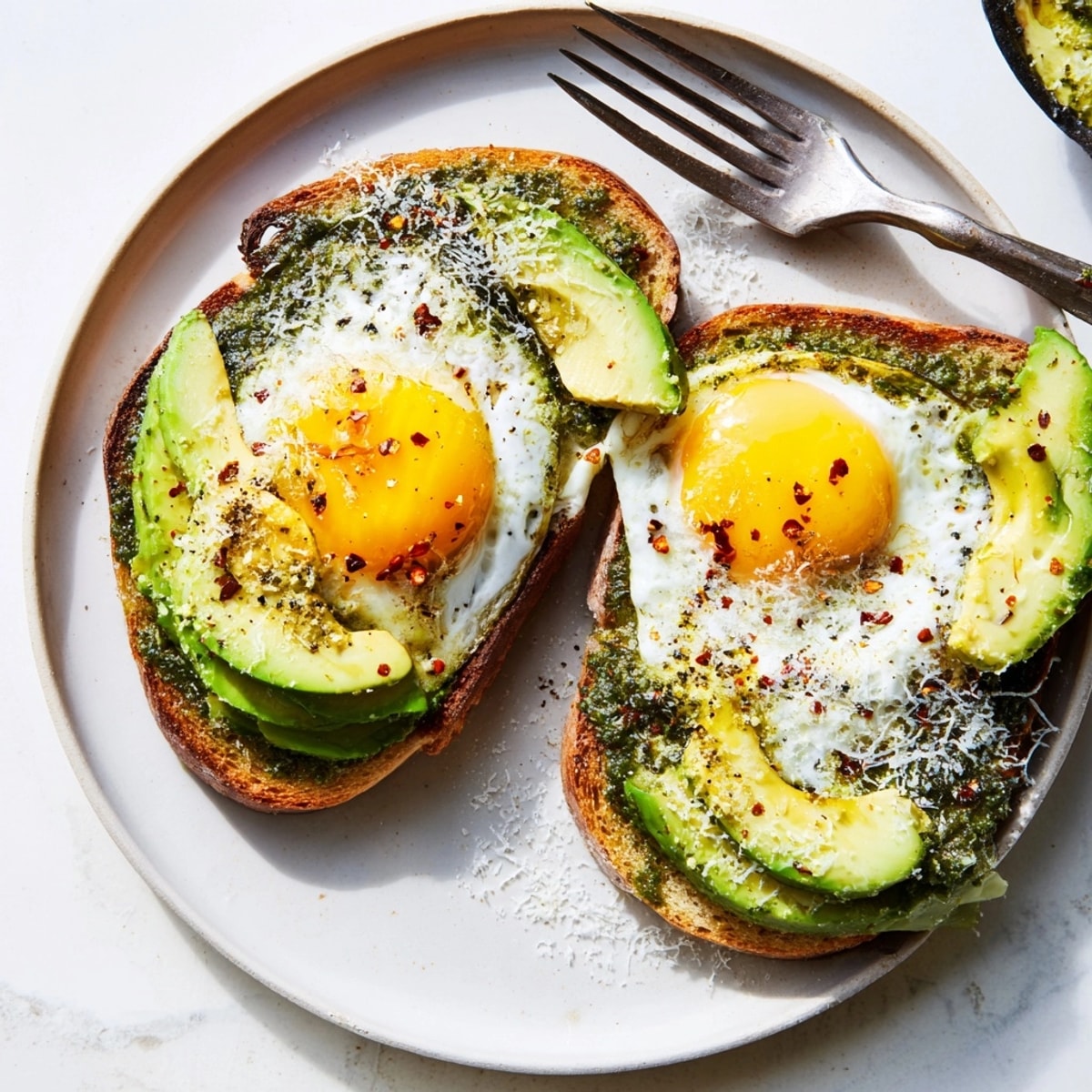 Golden yolk oozing from pesto eggs, served atop crisp sourdough toast for brunch.
