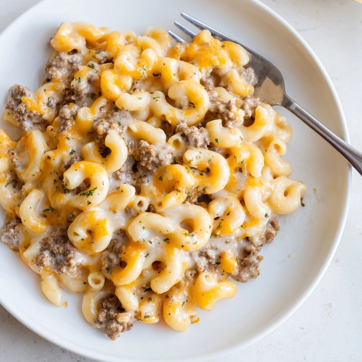 Close-up of cheesy Homemade Hamburger Helper, ready to serve on a busy weeknight.