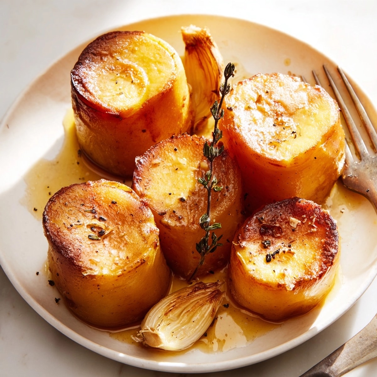 Golden, crisp Fondant Potatoes with herbs glistening; ready for pairing with a roast.