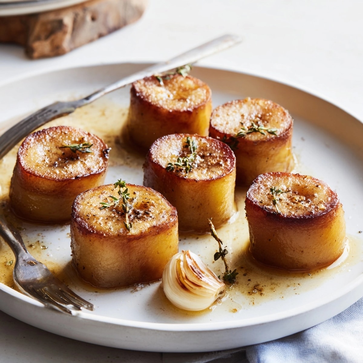 Close-up view of perfectly browned Fondant Potatoes, fragrant with thyme and garlic.