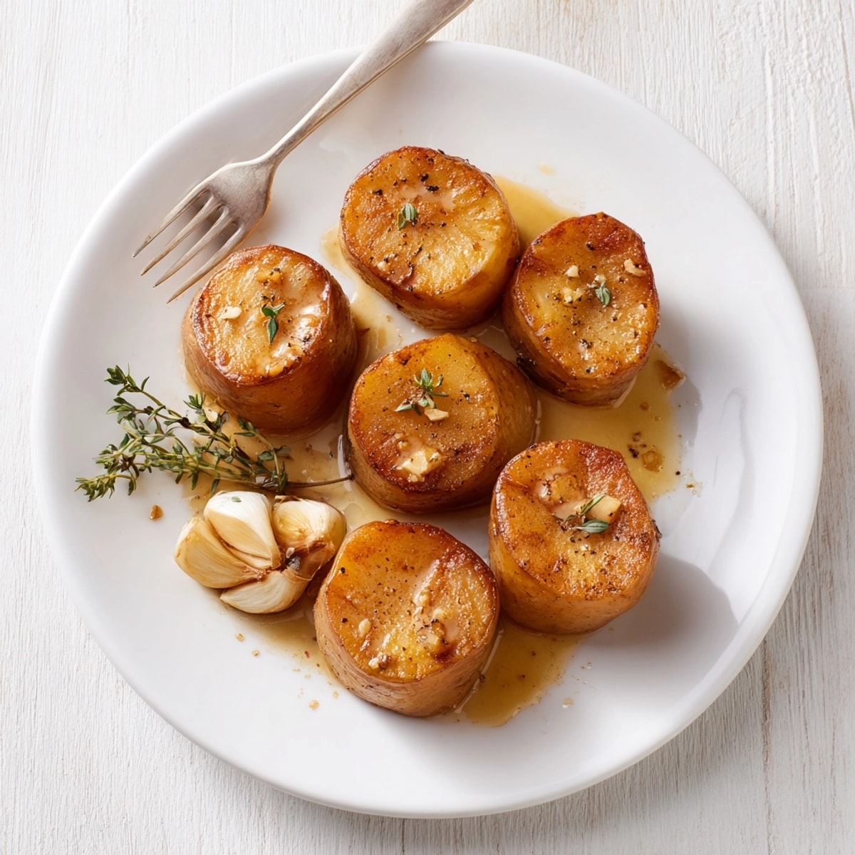Melt-in-your-mouth Fondant Potatoes recipe served with a drizzle of savory, buttery pan sauce.