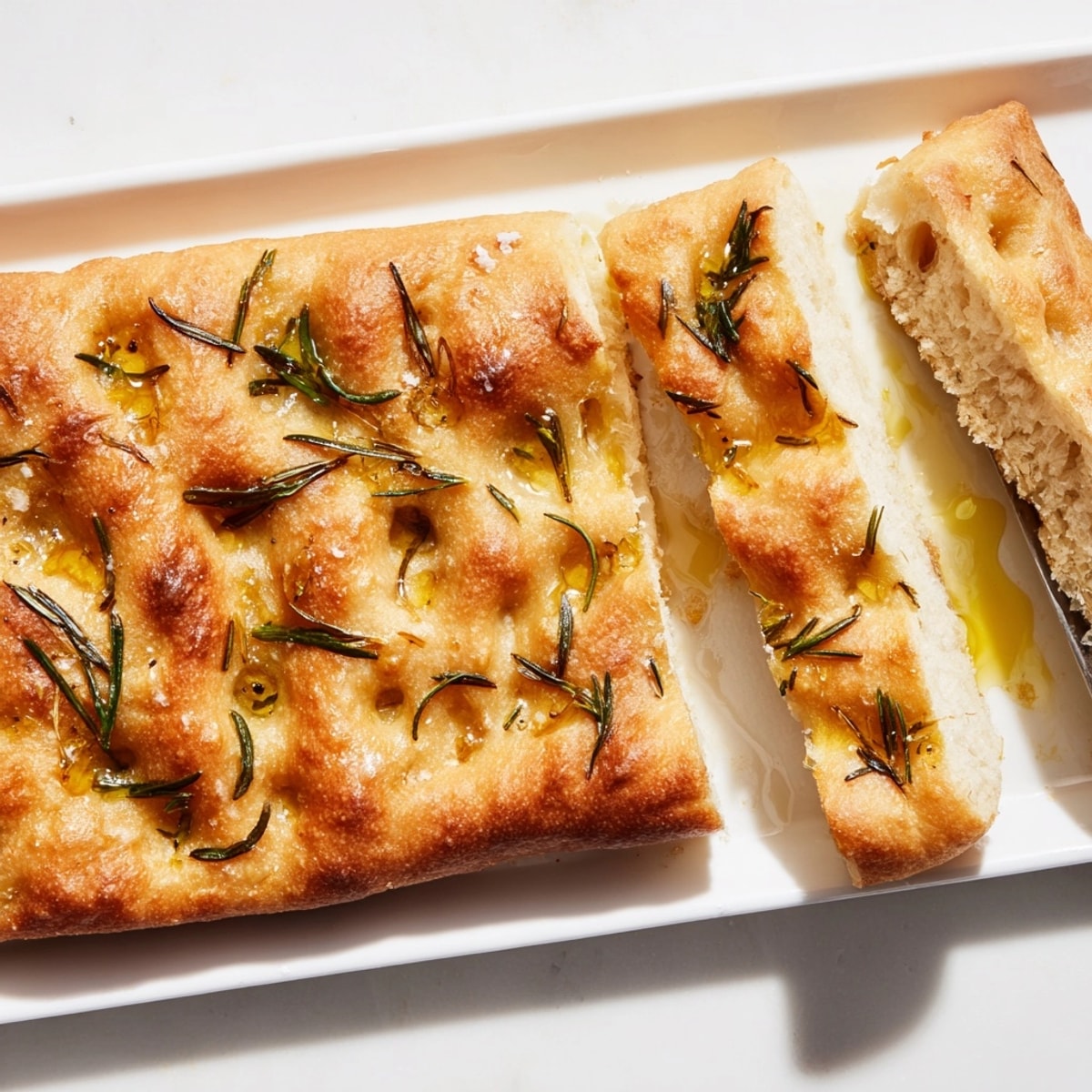 Golden No-Knead Focaccia recipe: Up-close view of dimpled flatbread, glistening with olive oil.