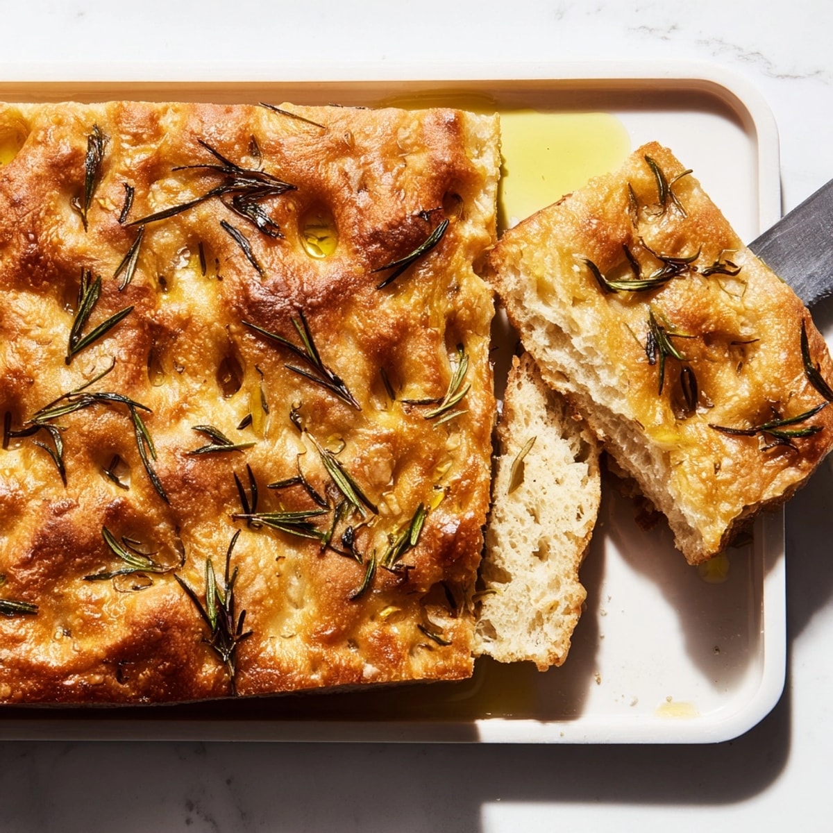 Easy No-Knead Focaccia: Warm, crusty Italian bread fresh from the oven, ready to slice.