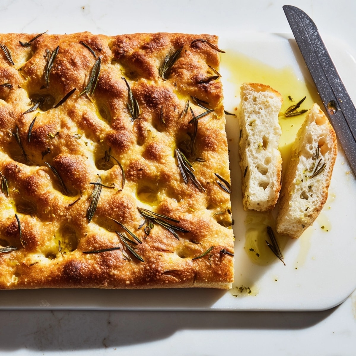 Rustic No-Knead Focaccia, perfectly baked, topped with sea salt and fragrant rosemary sprigs.