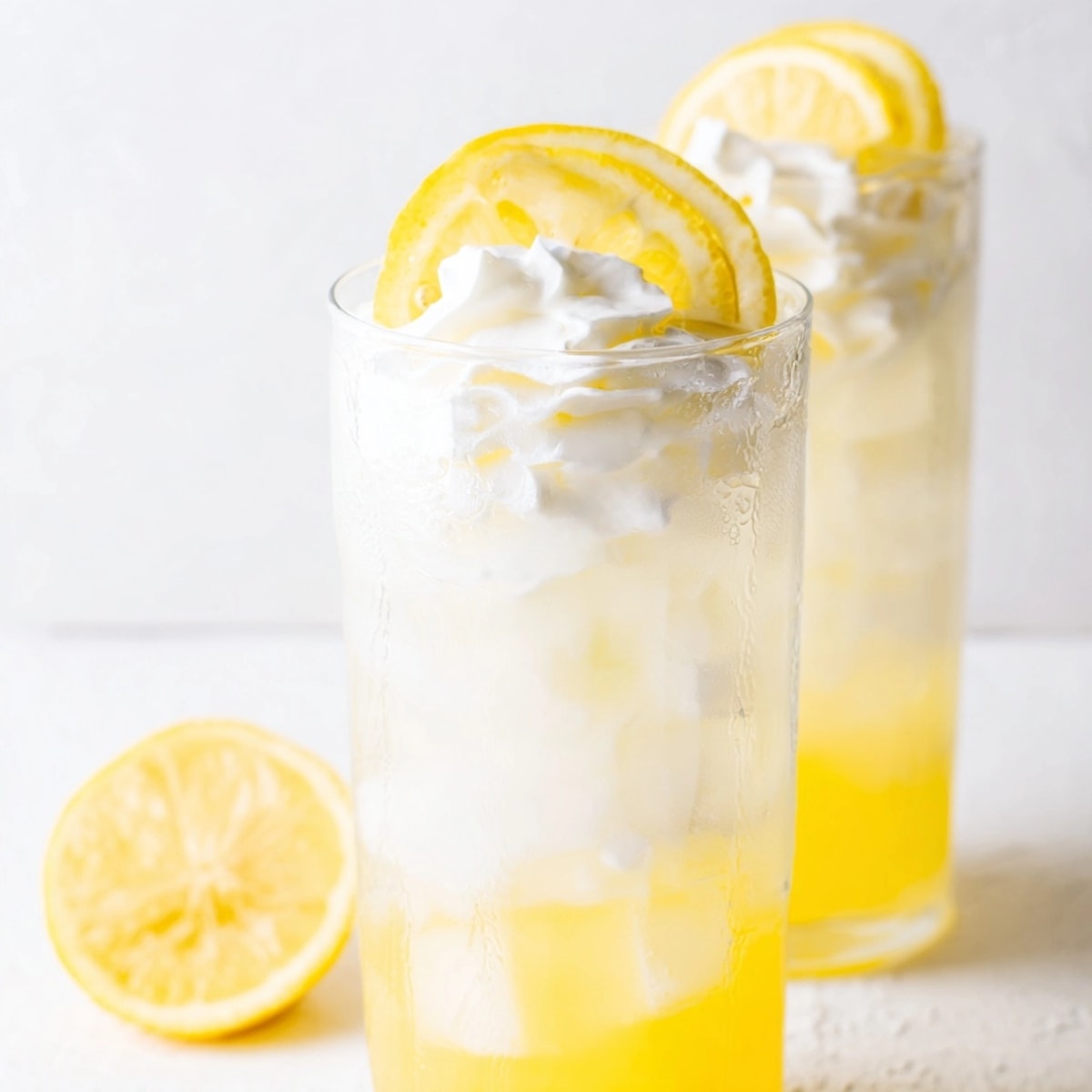 Refreshing, homemade whipped lemonade, served ice-cold and garnished with a fresh lemon slice.