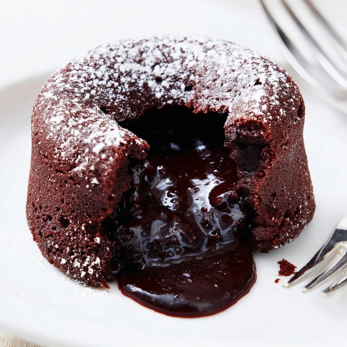 Warm, gooey Chocolate Lava Cake oozing chocolate onto a plate, served with berries.
