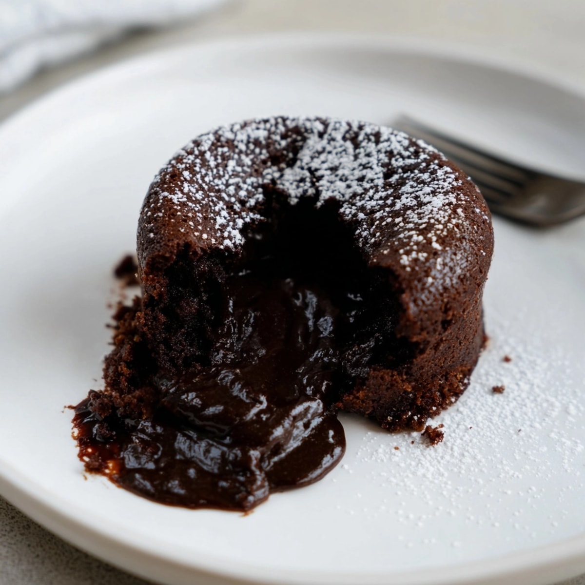 Individual Chocolate Lava Cake, baked to perfection and dusted with powdered sugar.