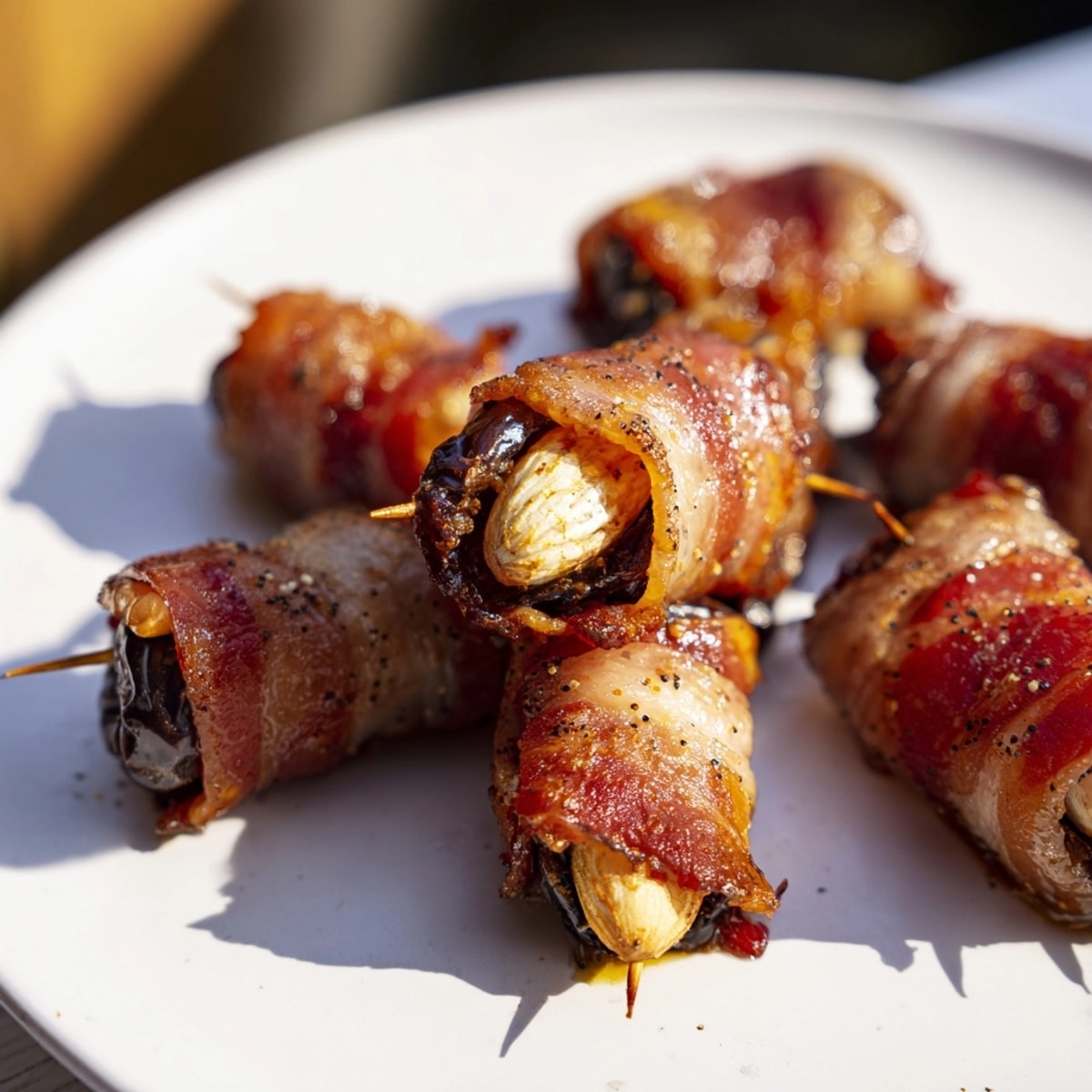 Crispy bacon-wrapped dates: Sweet, salty appetizers with almonds, baked until golden brown to perfection.