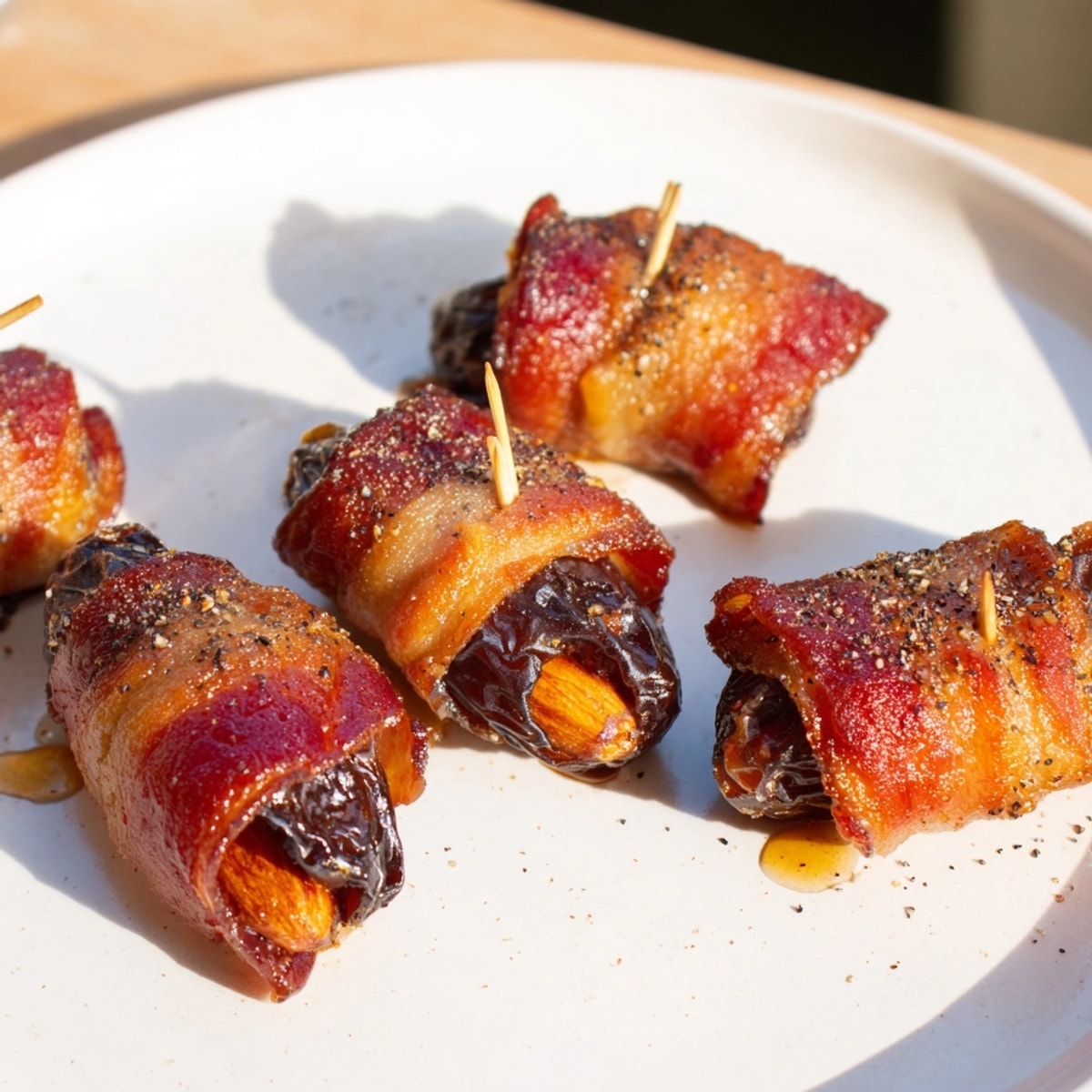 Golden&amp;brown bacon&amp;wrapped dates, stuffed with almonds, glistening with honey – irresistible, bite&amp;sized delights.