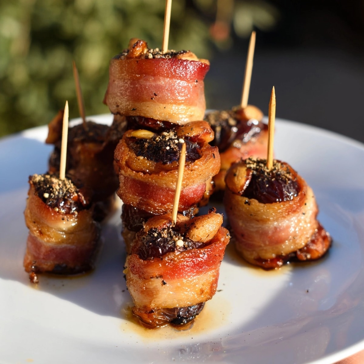 Image of warm Bacon&amp;Wrapped Dates; perfectly crisp bacon embracing the sweet, almond&amp;filled fruit.