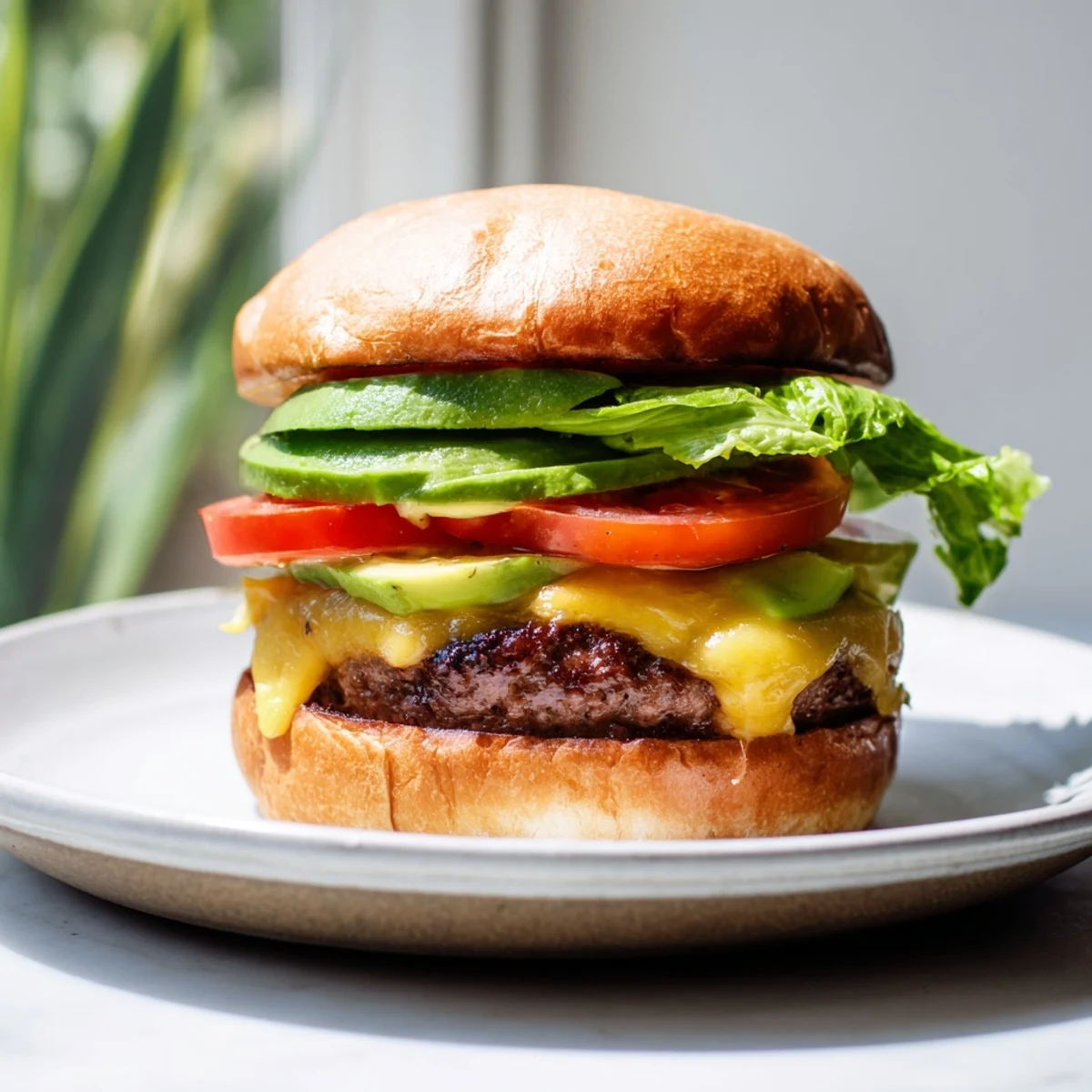 A close-up of a delightful beef burger with avocado, ready to enjoy with family and friends.