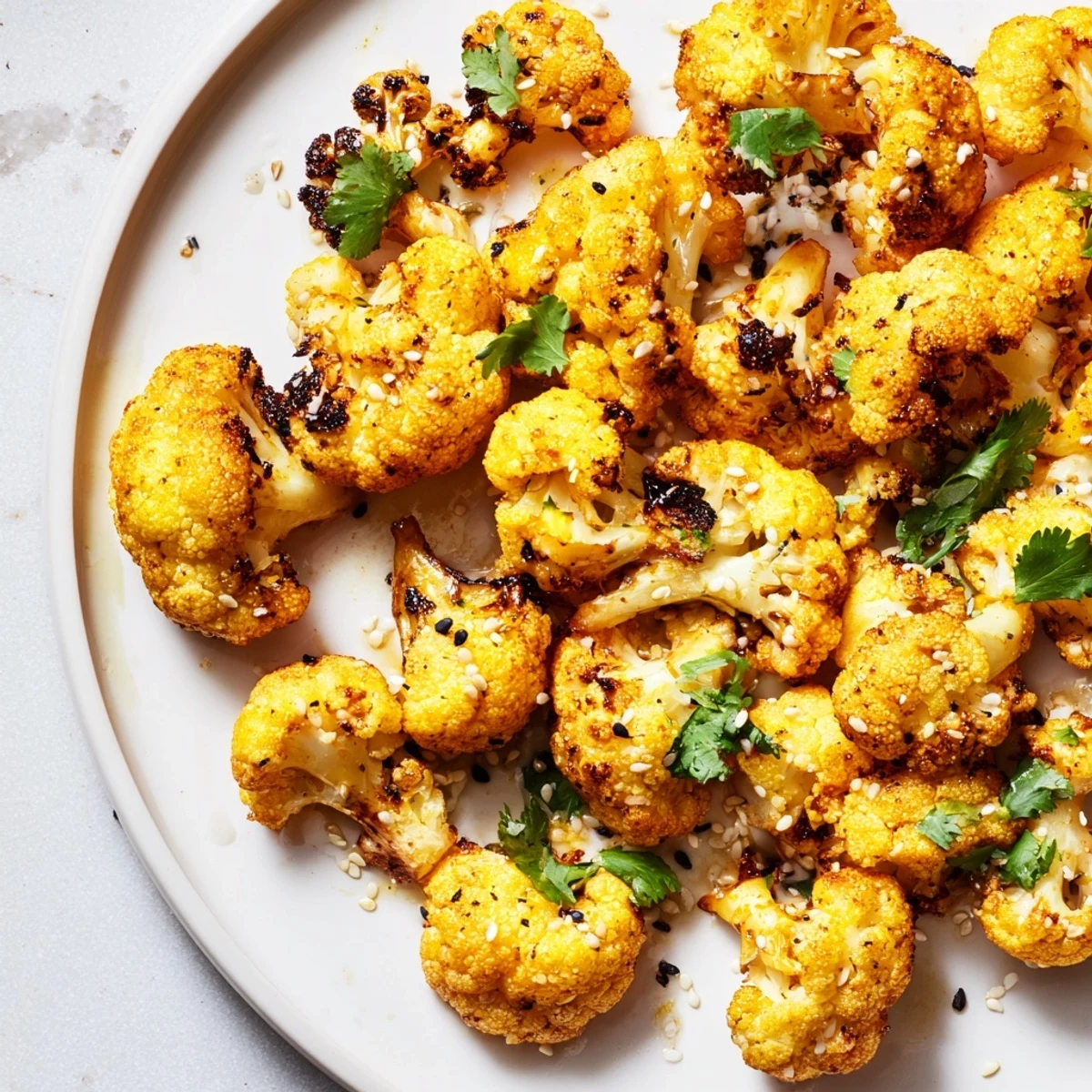 Golden-brown roasted cauliflower with turmeric glistening on a baking sheet, ready to serve this tasty side.