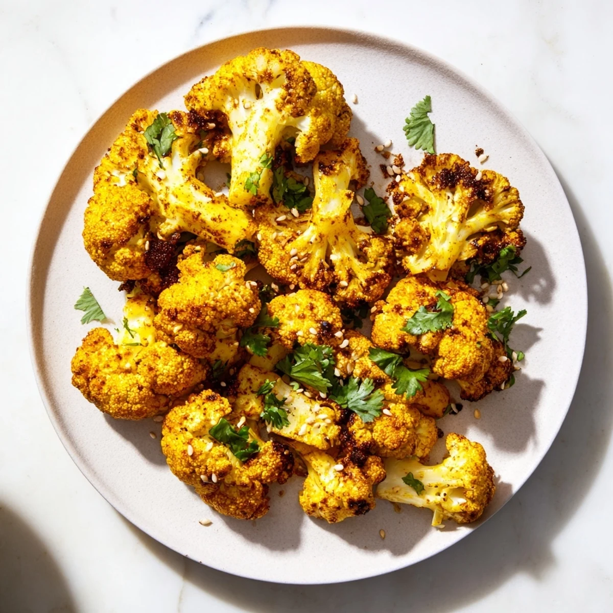 Warm, flavorful dish of roasted cauliflower with turmeric, perfect as a vegan and gluten-free side.