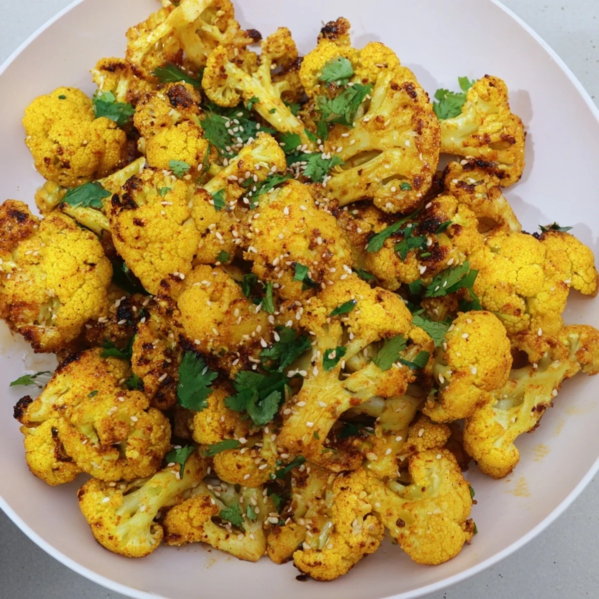 A close-up view of roasted cauliflower with turmeric, showing crispy edges and delicious spices used.