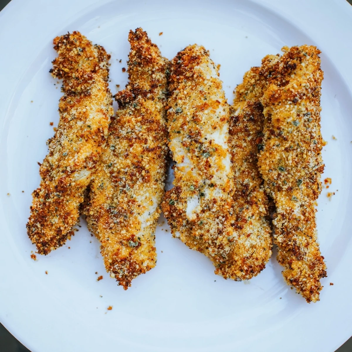 Perfectly fried Crispy Parmesan Chicken Tenders offer a savory crunch on every tender chicken strip.