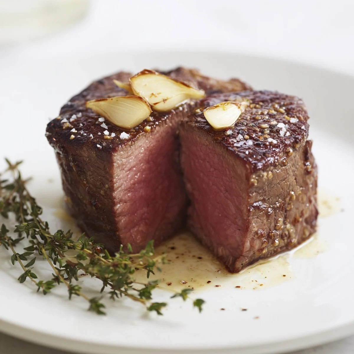 Juicy beef fillet cooked medium-rare, sliced and ready to serve with optional flaky sea salt.