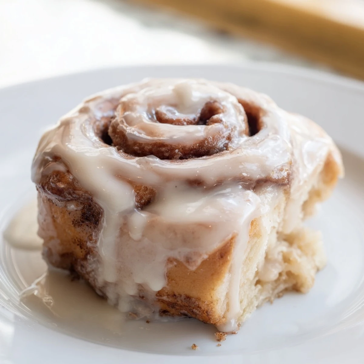 A close-up of delicious Baked Goodness, featuring a generous drizzle of creamy glaze, ready to eat.