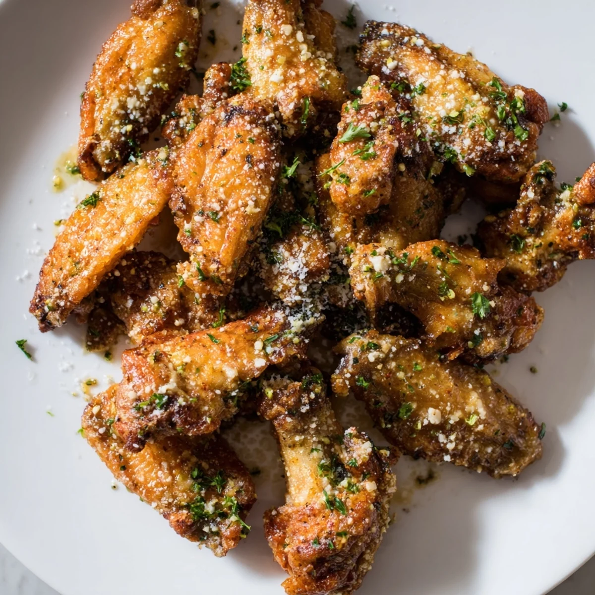 Golden, crispy Garlic Parmesan Wings arranged on a platter, ready to be enjoyed as a tasty appetizer.