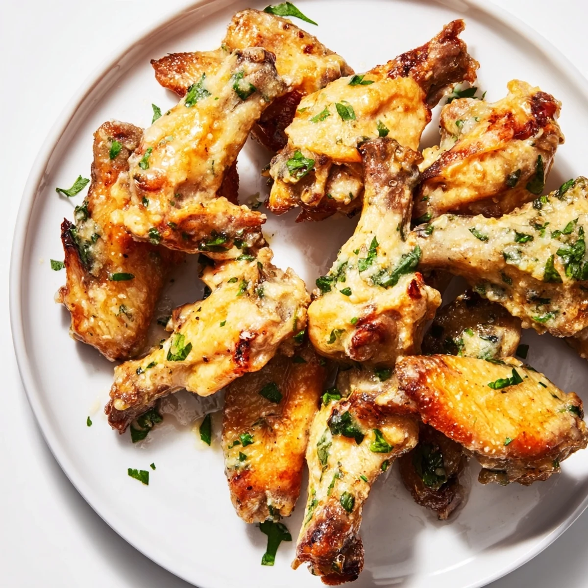 A close-up of Garlic Parmesan Wings shows the flavorful, cheesy sauce coating each perfectly cooked wing.