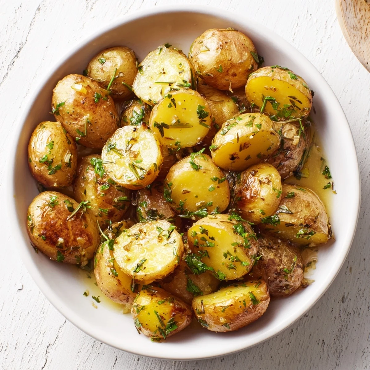 Golden brown Herb Roasted Potatoes, perfectly crispy, ready to serve with a sprinkle of fresh herbs.