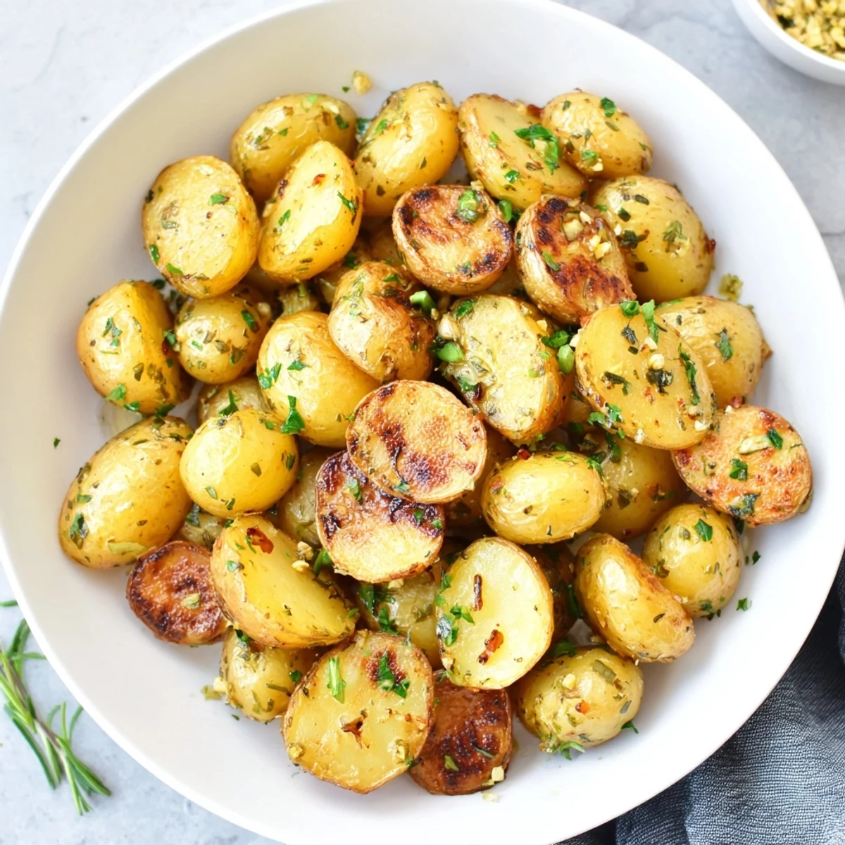 A steaming plate of Herb Roasted Potatoes, aromatic with rosemary and thyme, ideal side.