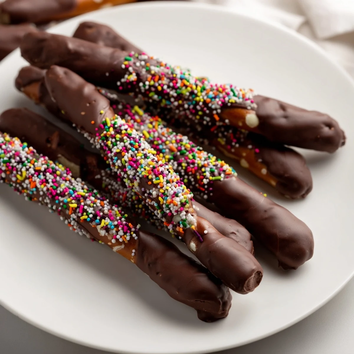 Silky chocolate coats crispy pretzel rods; these Chocolate Dipped Pretzels showcase festive sprinkles.