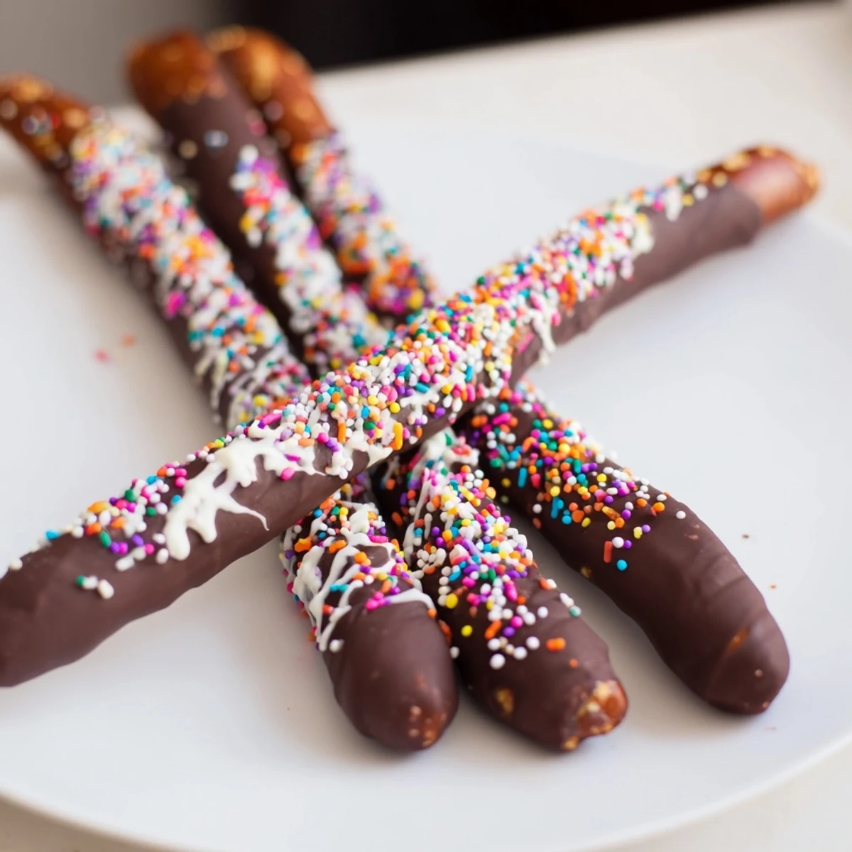 Melted chocolate enrobes crunchy pretzels, creating delicious Chocolate Dipped Pretzels with colorful sprinkles.