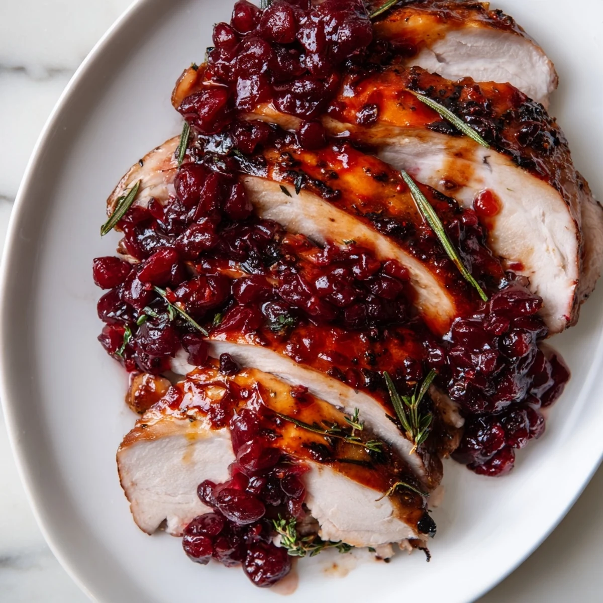 Close-up of a juicy Cranberry Glazed Turkey with a crispy skin and sweet, tangy glaze, ready to serve.