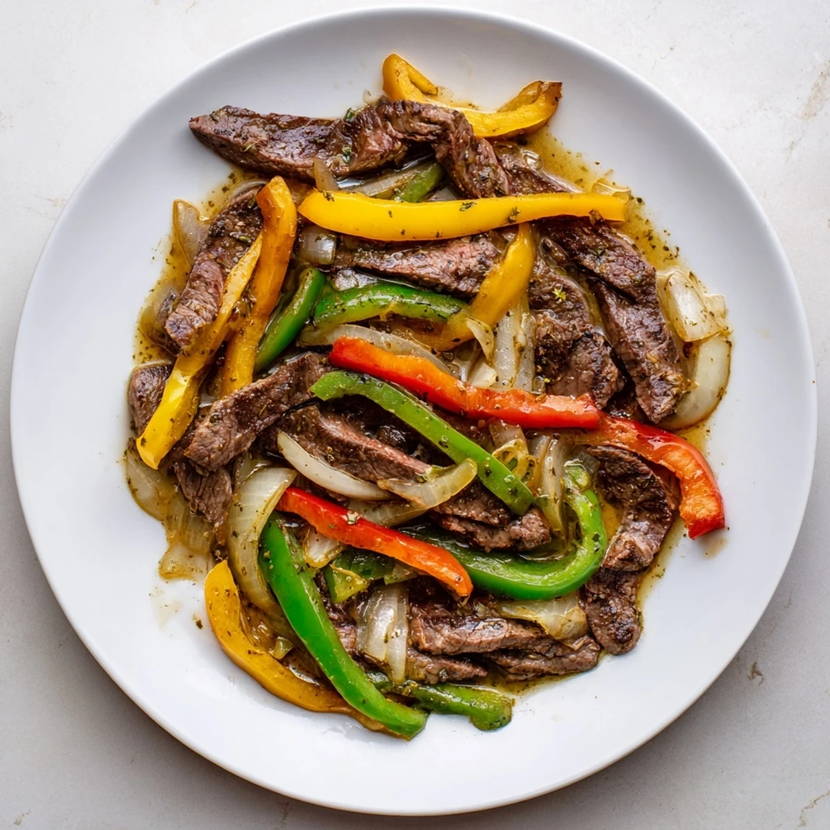 Sizzling beef fajitas with colorful peppers and onions, a delicious Mexican main dish served hot.