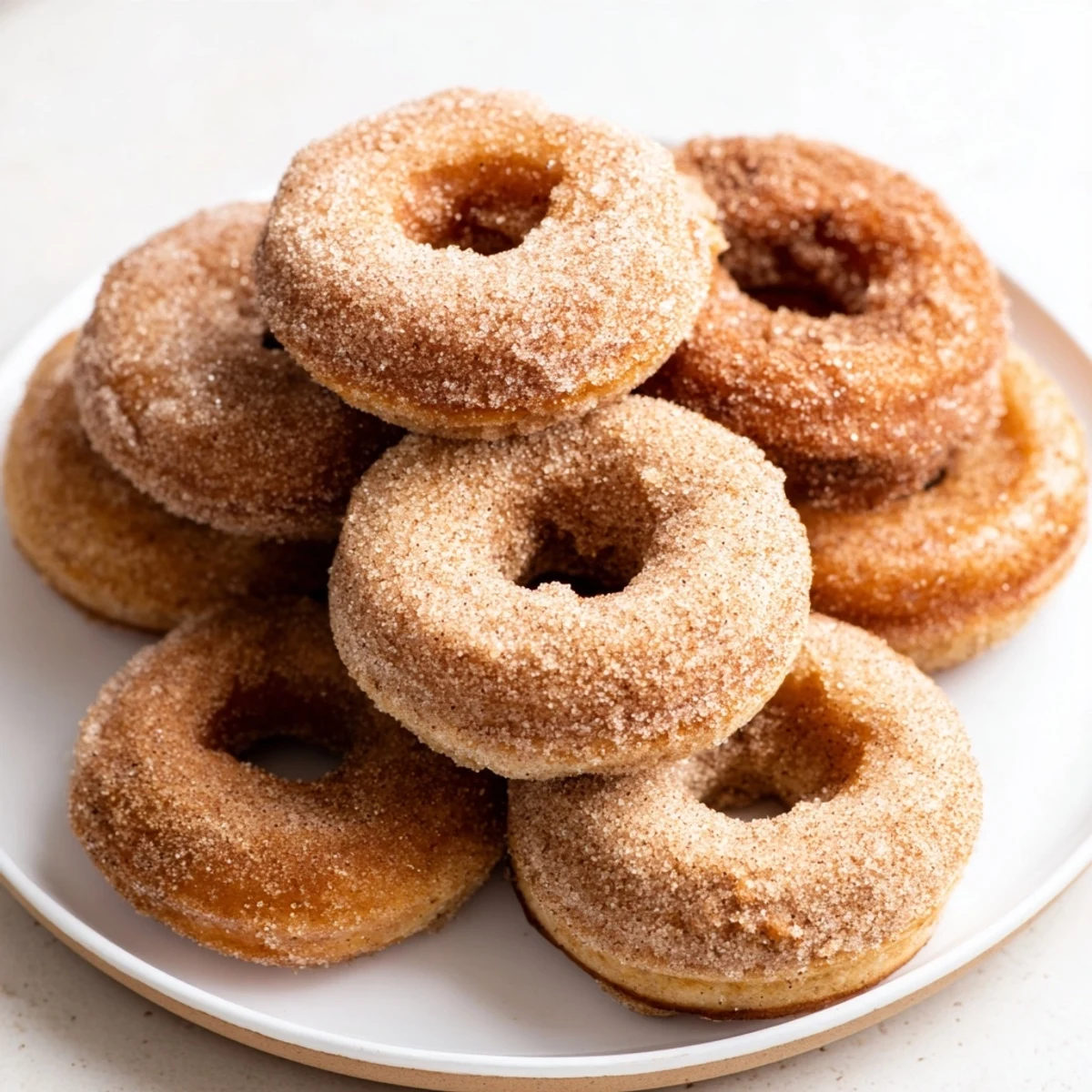 Freshly baked apple cider donuts, dusted with cinnamon, sit tempting on a rack, ready to enjoy.