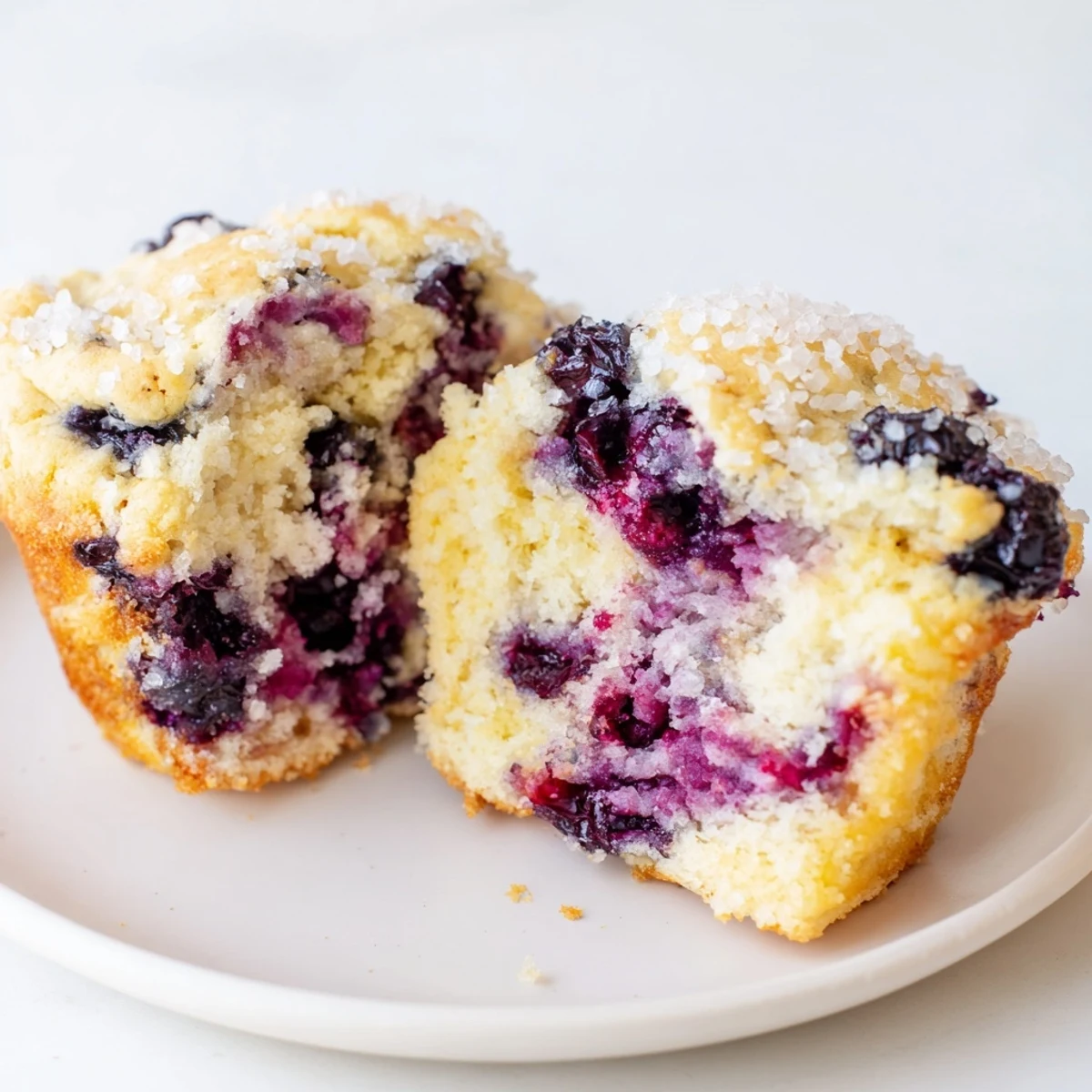 Freshly baked Lemon Blueberry Muffins, topped with glistening coarse sugar, ready to enjoy.