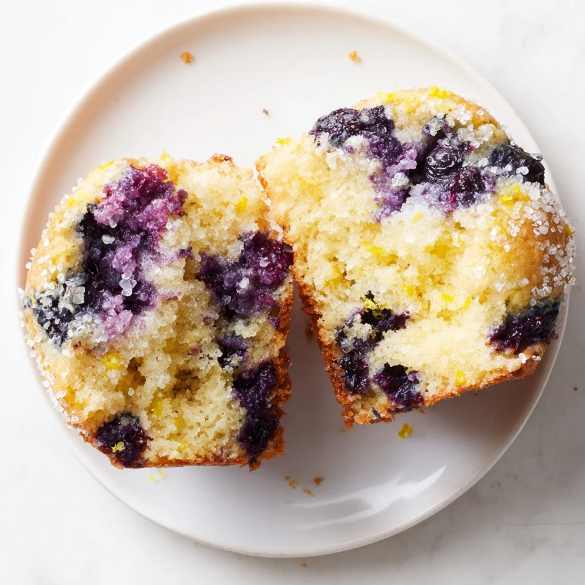 A close-up shot of fluffy Lemon Blueberry Muffins with juicy blueberries visible.
