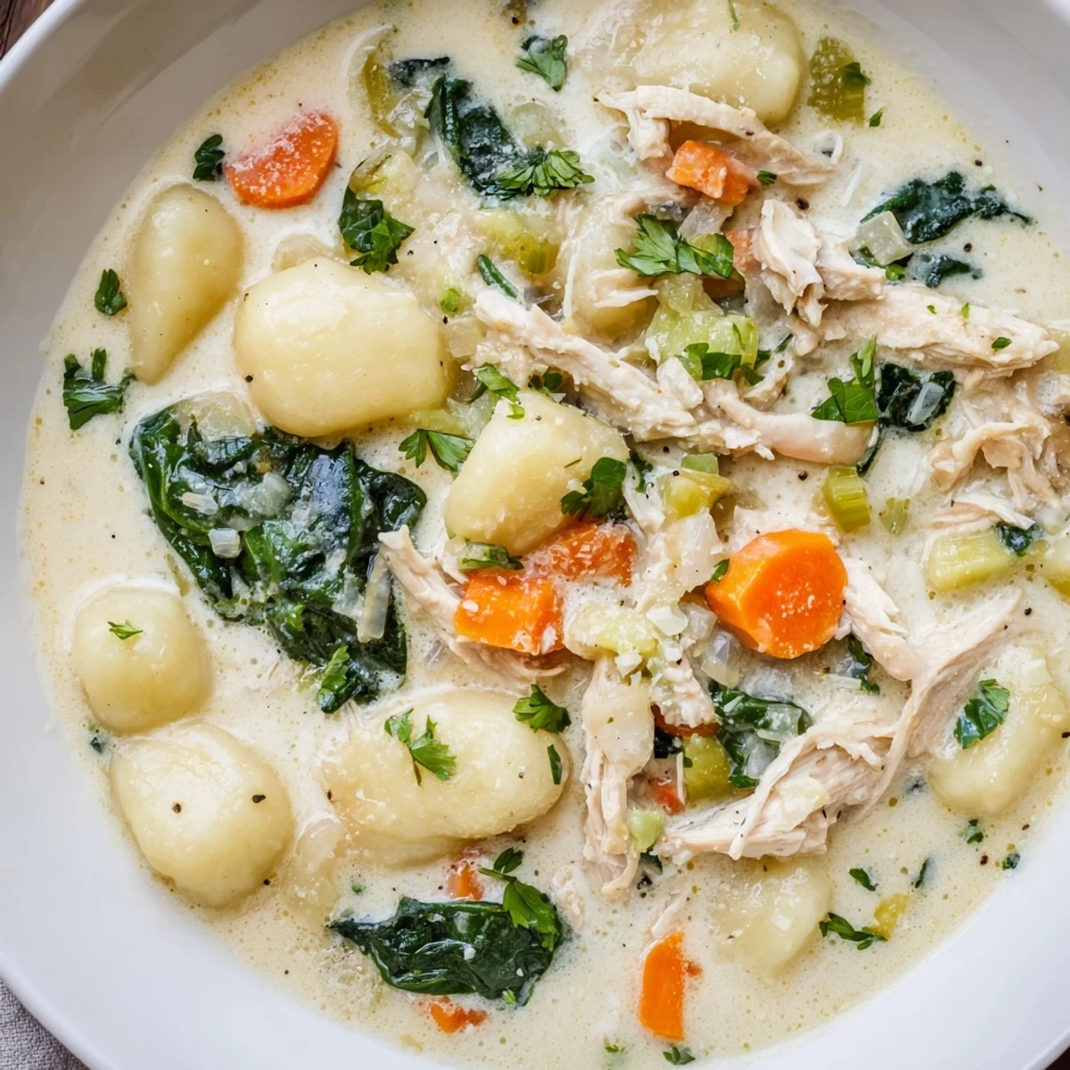 Creamy Chicken and Gnocchi Soup: A luscious bowl of soup with creamy broth, gnocchi, and shredded chicken.