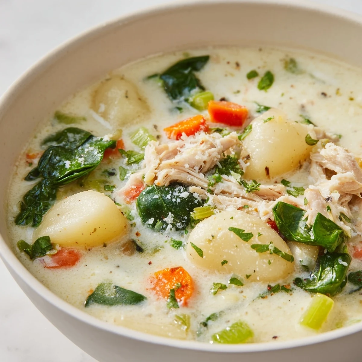 Spoonful of rich Creamy Chicken and Gnocchi Soup, showcasing tender chicken and pillowy gnocchi floating in cream.